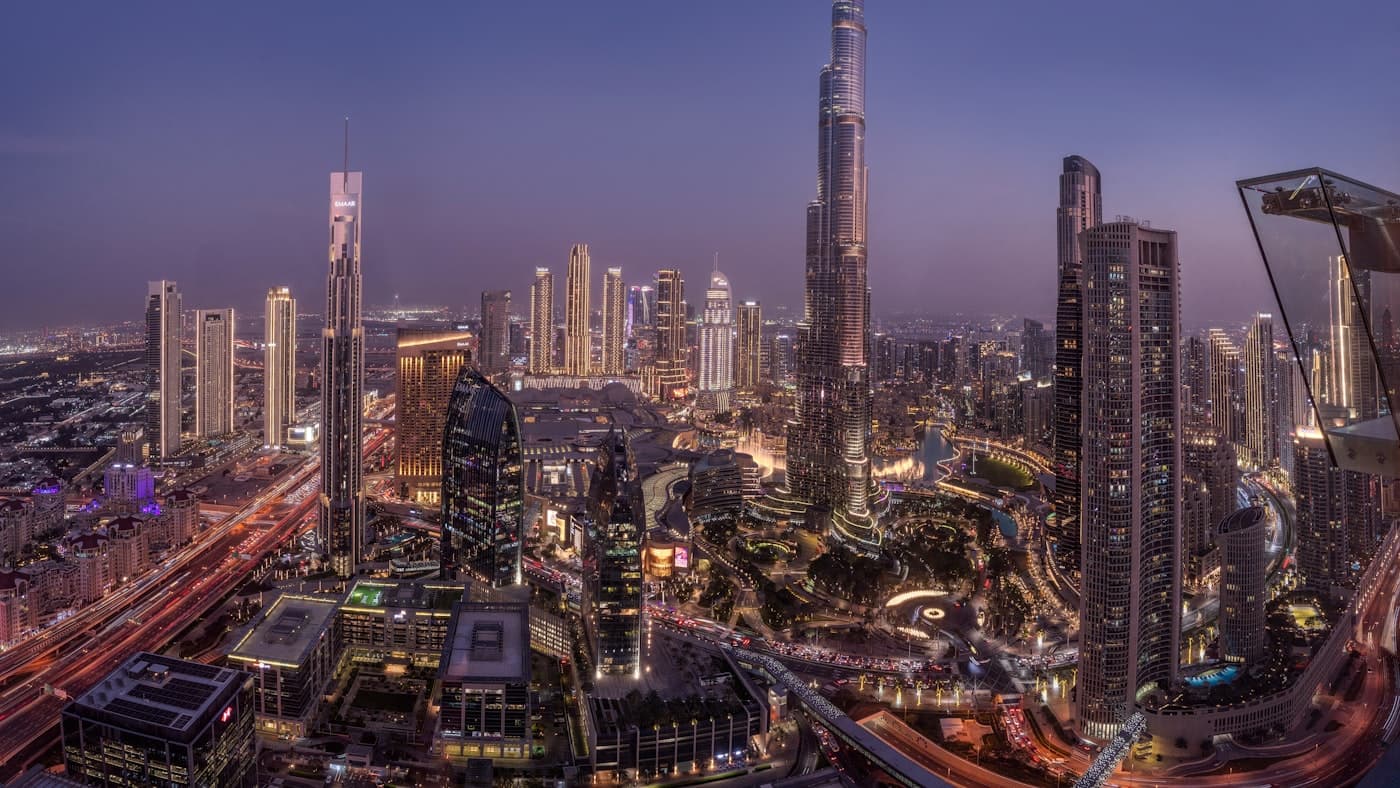 The Dubai skyline at dusk